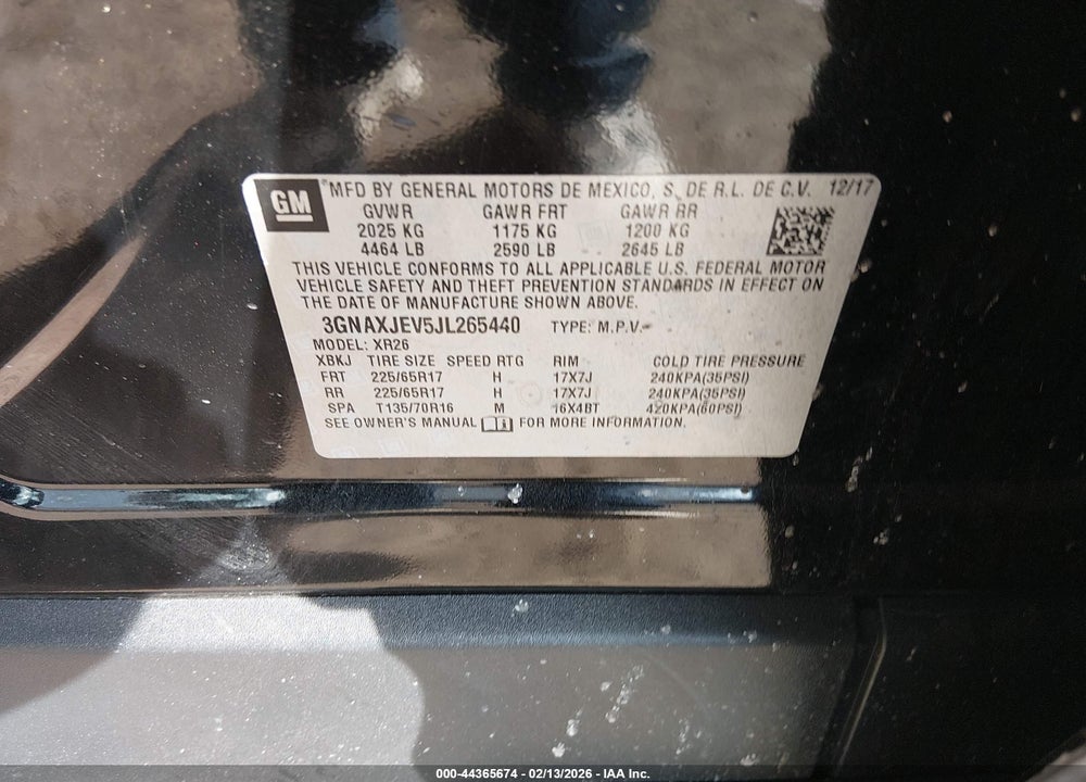 2018 CHEVROLET EQUINOX LT VIN: 3GNAXJEV5JL265440