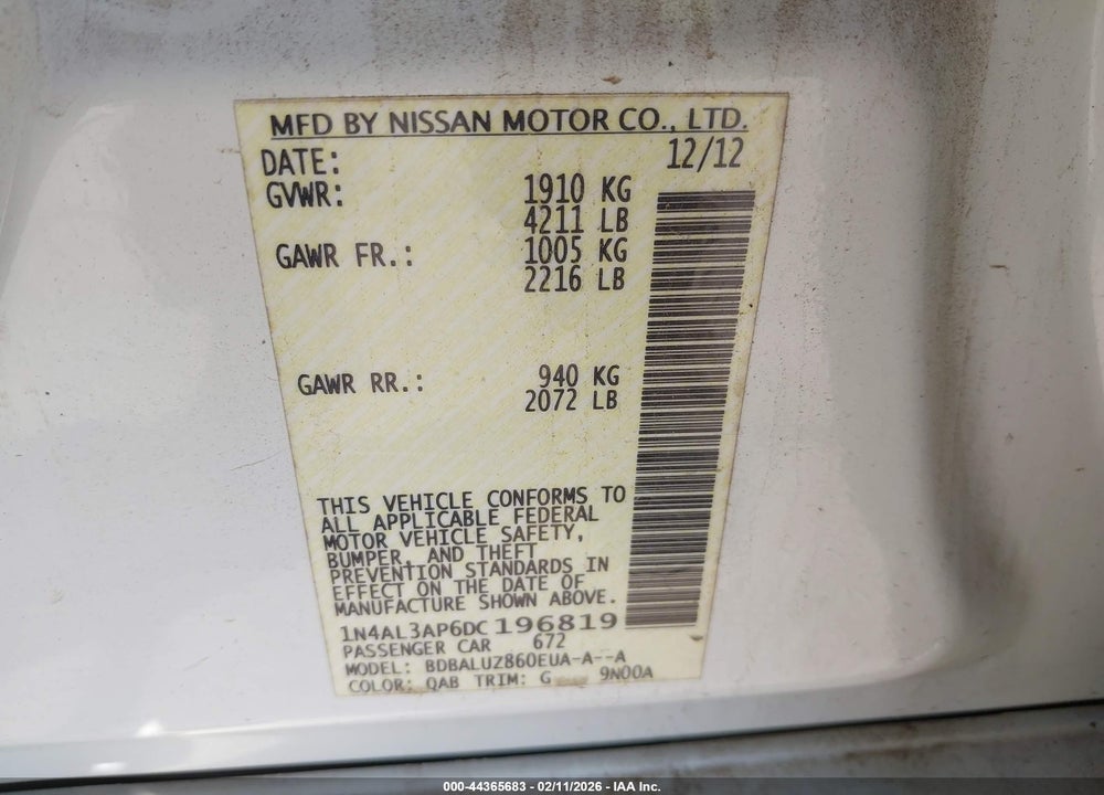 2013 NISSAN ALTIMA 2.5 SV VIN: 1N4AL3AP6DC196819