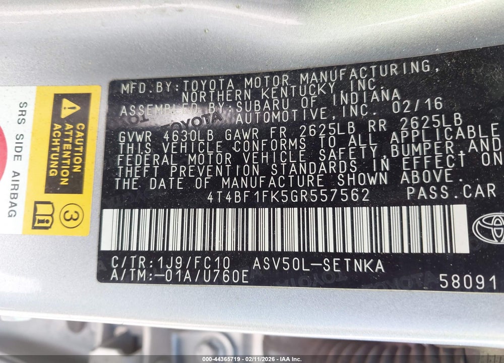 2016 TOYOTA CAMRY LE VIN: 4T4BF1FK5GR557562