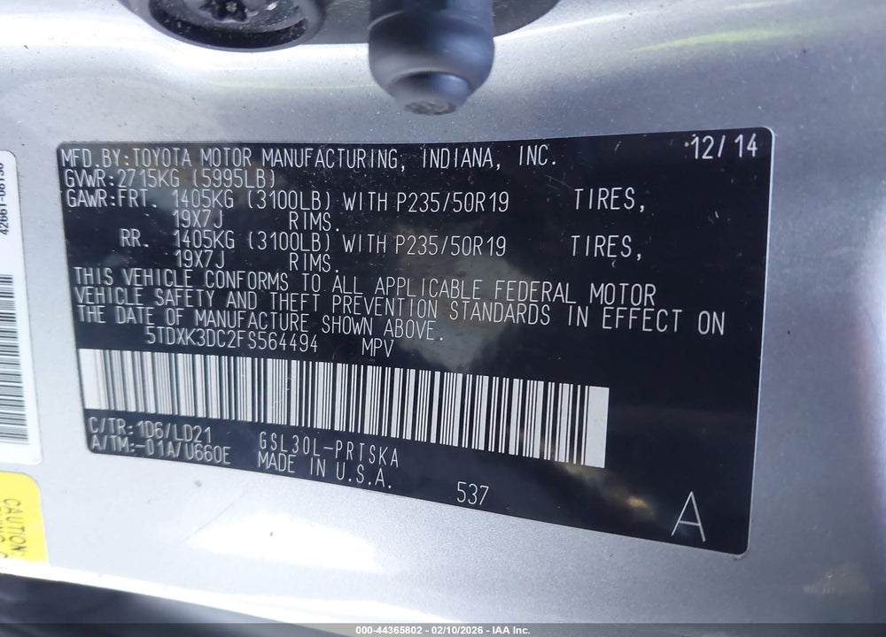 2015 TOYOTA SIENNA SE 8 PASSENGER VIN: 5TDXK3DC2FS564494