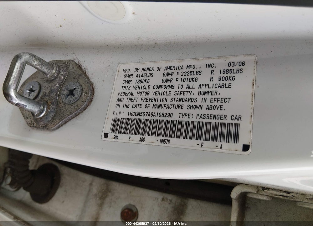 2006 HONDA ACCORD 2.4 EX VIN: 1HGCM56746A108290