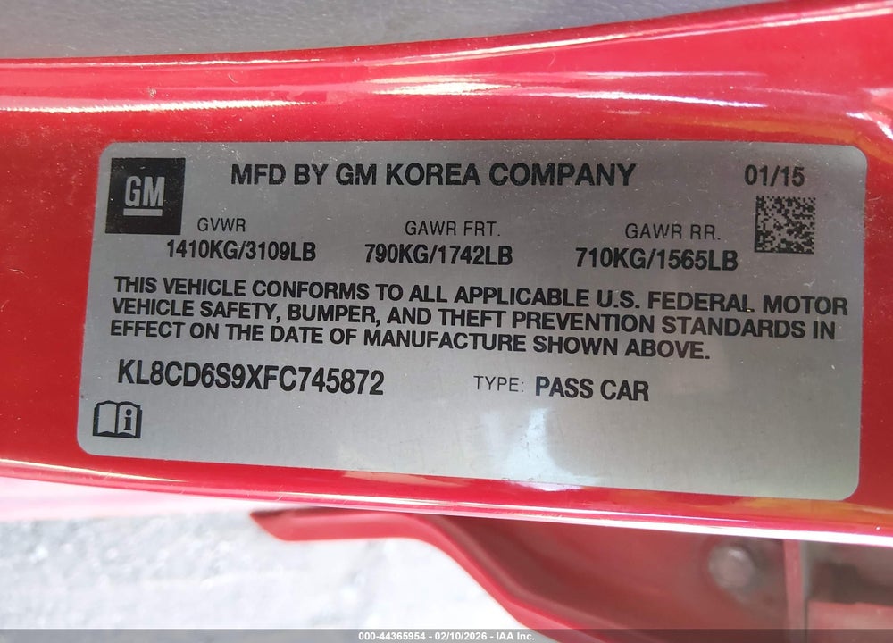 2015 CHEVROLET SPARK 1LT CVT VIN: KL8CD6S9XFC745872