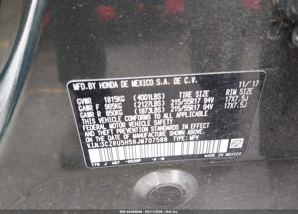 2018 HONDA HR-V EX VIN: 3CZRU5H58JM707588