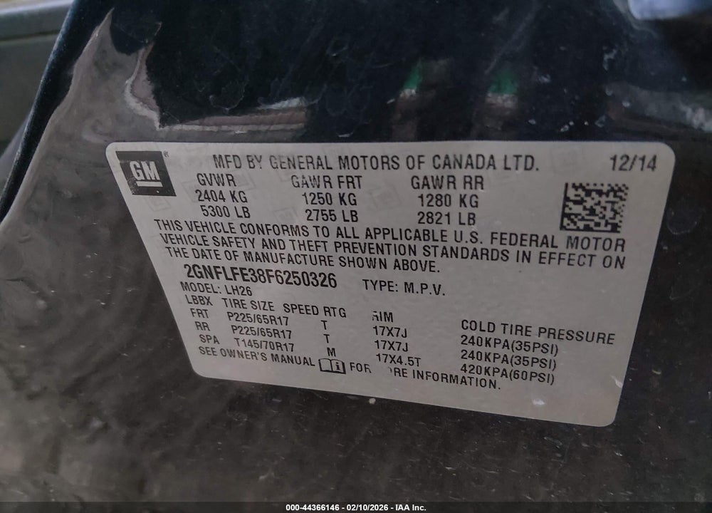 2015 CHEVROLET EQUINOX 1LT VIN: 2GNFLFE38F6250326