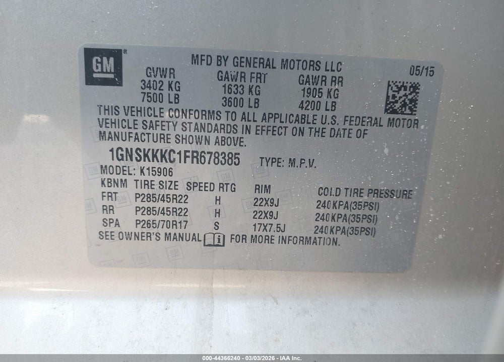 2015 CHEVROLET SUBURBAN 1500 LTZ VIN: 1GNSKKKC1FR678385