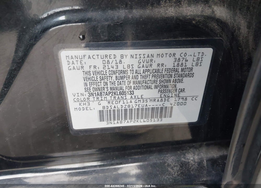 2019 NISSAN SENTRA SV VIN: 3N1AB7AP2KL605133