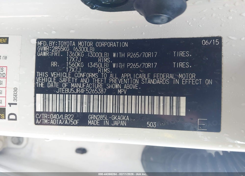 2015 TOYOTA 4RUNNER SR5 PREMIUM VIN: JTEBU5JR4F5265387