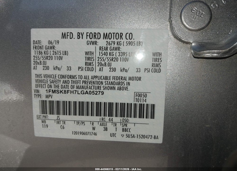 2020 FORD EXPLORER LIMITED VIN: 1FMSK8FH7LGA05279