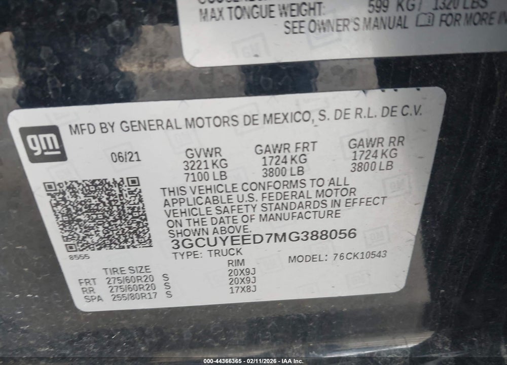 2021 CHEVROLET SILVERADO 1500 4WD  SHORT BED RST VIN: 3GCUYEED7MG388056