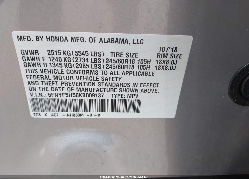 2019 HONDA PILOT EX-L VIN: 5FNYF5H50KB009137