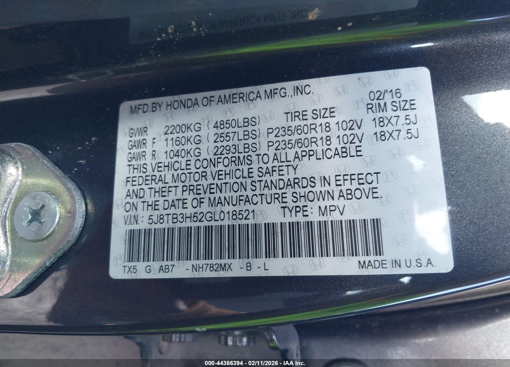 2016 ACURA RDX TECHNOLOGY   WATCH PLUS PACKAGES/TECHNOLOGY PACKAGE VIN: 5J8TB3H52GL018521