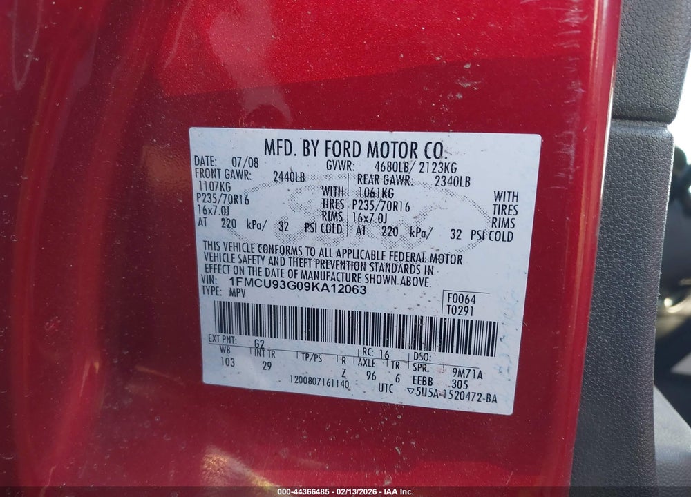 2009 FORD ESCAPE XLT VIN: 1FMCU93G09KA12063