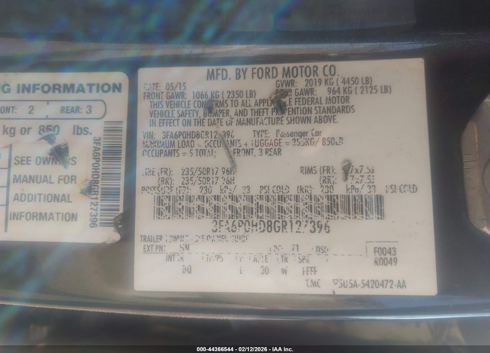 2016 FORD FUSION SE VIN: 3FA6P0HD8GR127396