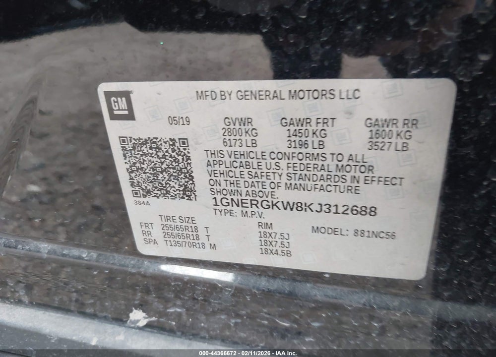 2019 CHEVROLET TRAVERSE 1LT VIN: 1GNERGKW8KJ312688
