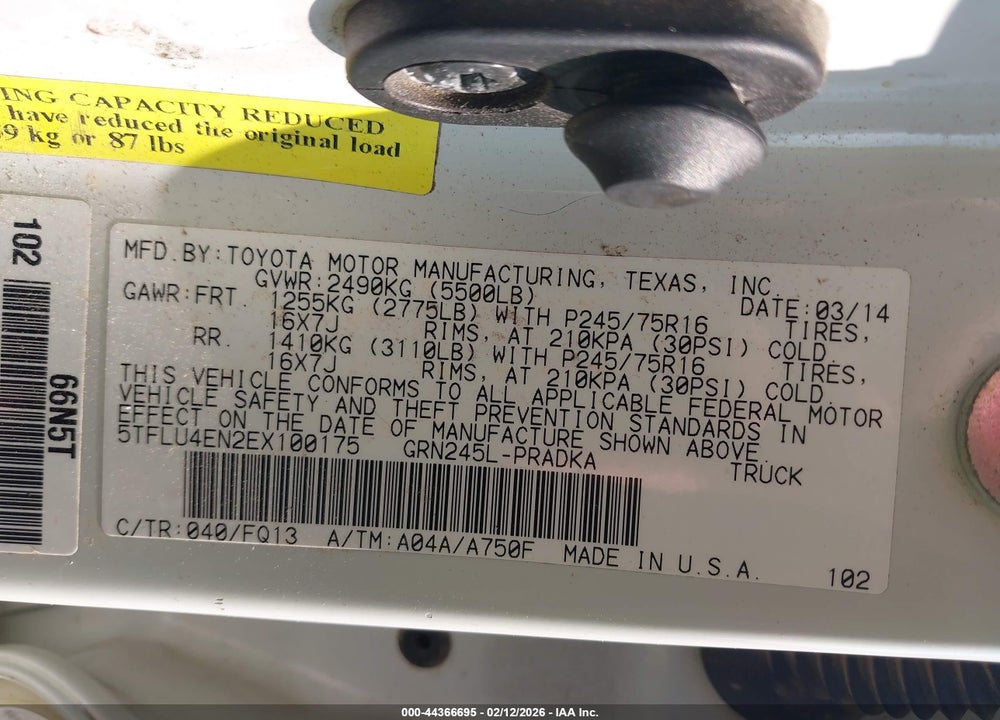 2014 TOYOTA TACOMA BASE V6 VIN: 5TFLU4EN2EX100175