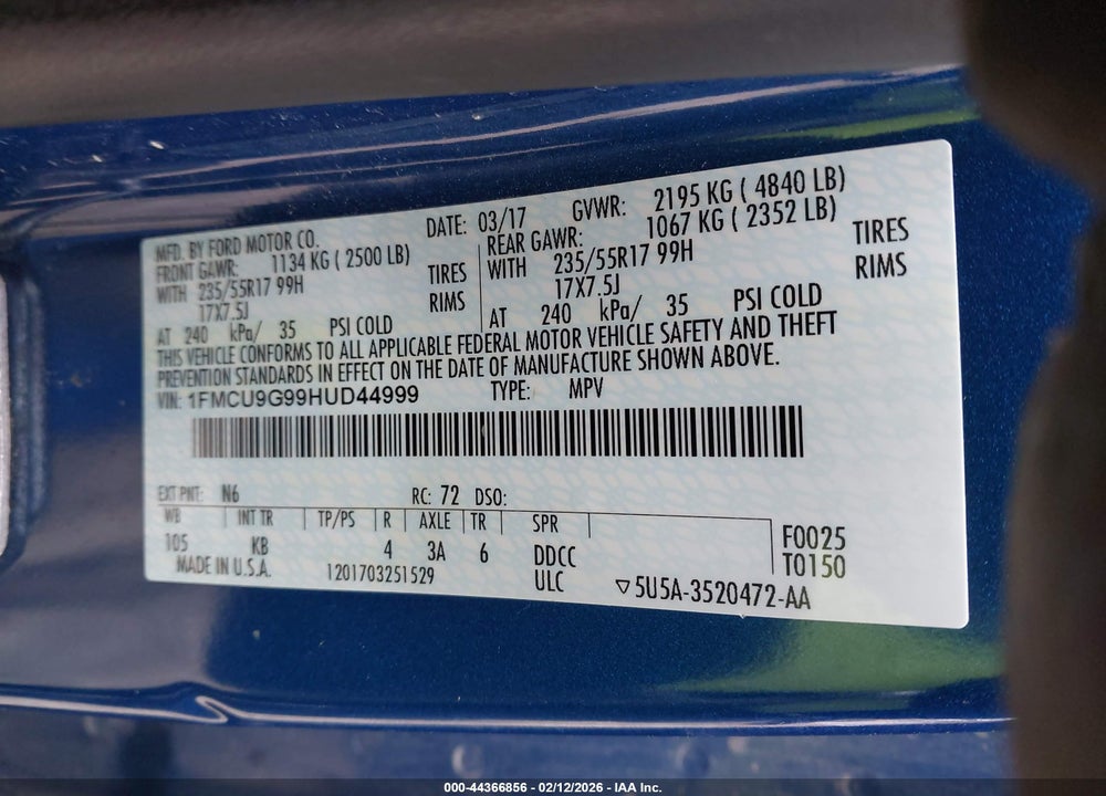2017 FORD ESCAPE SE VIN: 1FMCU9G99HUD44999