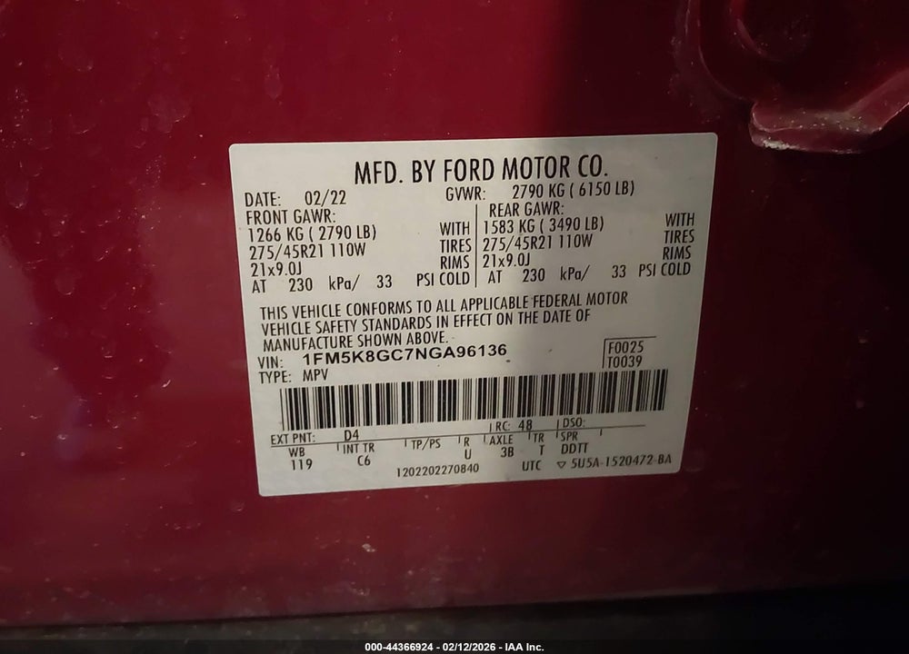 2022 FORD EXPLORER ST VIN: 1FM5K8GC7NGA96136