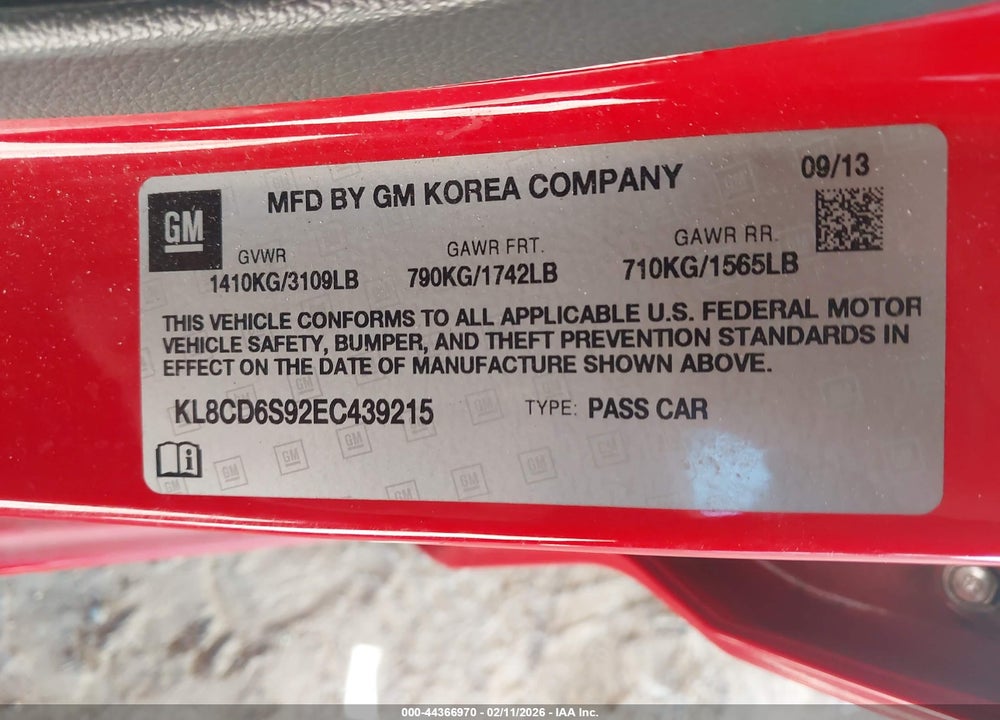 2014 CHEVROLET SPARK 1LT AUTO VIN: KL8CD6S92EC439215