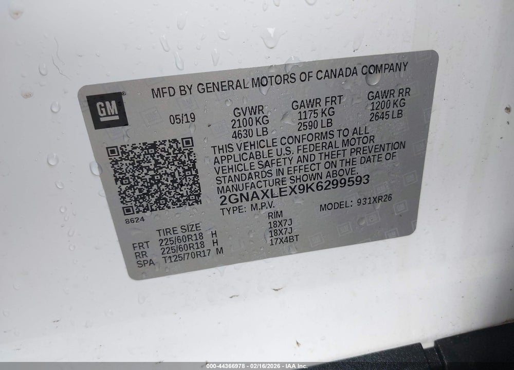 2019 CHEVROLET EQUINOX LT VIN: 2GNAXLEX9K6299593