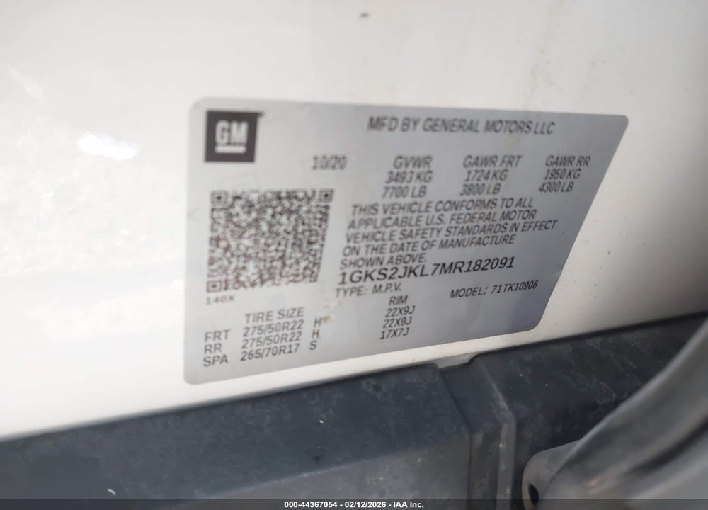2021 GMC YUKON XL 4WD DENALI VIN: 1GKS2JKL7MR182091