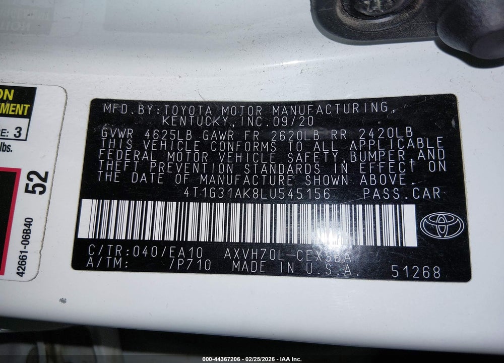 2020 TOYOTA CAMRY SE HYBRID VIN: 4T1G31AK8LU545156