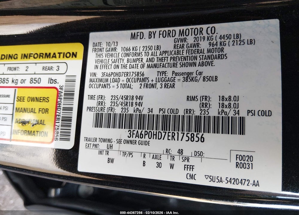 2014 FORD FUSION SE VIN: 3FA6P0HD7ER175856