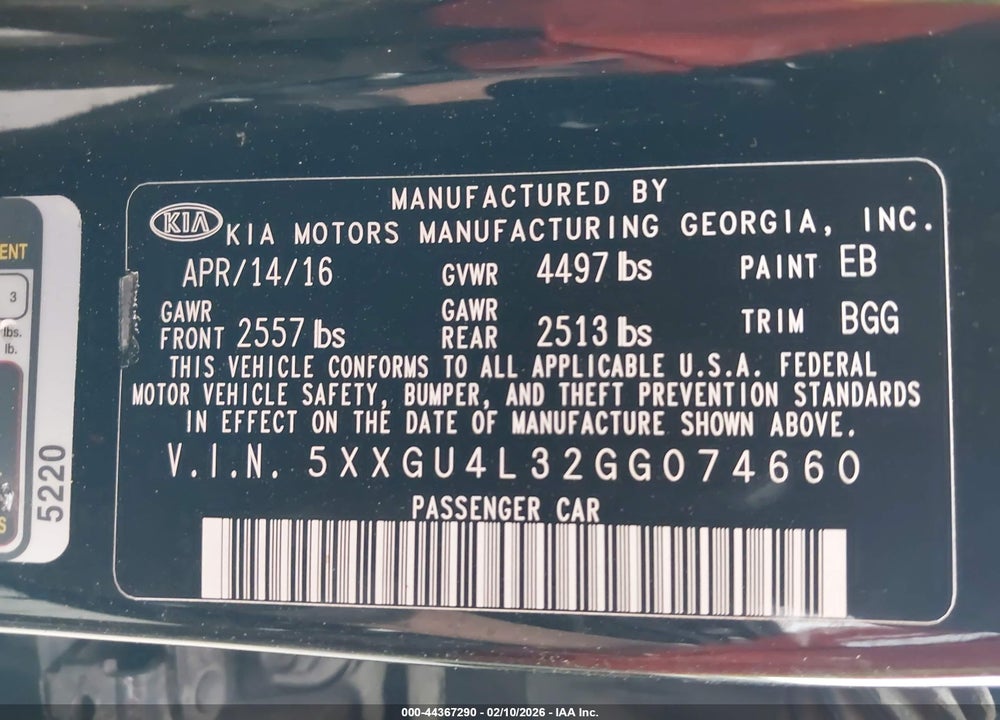 2016 KIA OPTIMA EX VIN: 5XXGU4L32GG074660