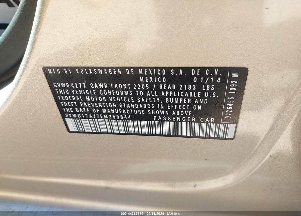 2014 VOLKSWAGEN JETTA 1.8T SE VIN: 3VWD17AJ7EM259844