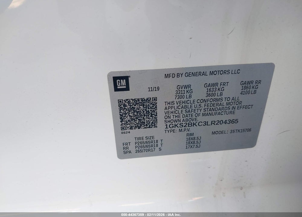 2020 GMC YUKON 4WD SLT VIN: 1GKS2BKC3LR204365