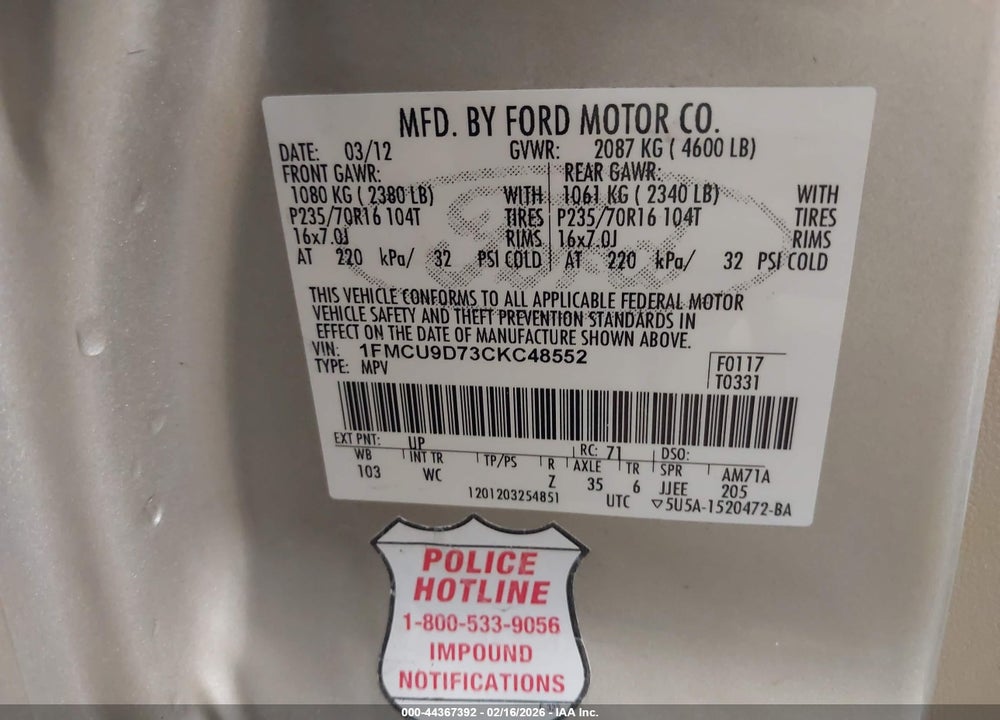 2012 FORD ESCAPE XLT VIN: 1FMCU9D73CKC48552