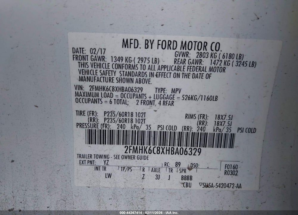 2017 FORD FLEX SEL VIN: 2FMHK6C8XHBA06329