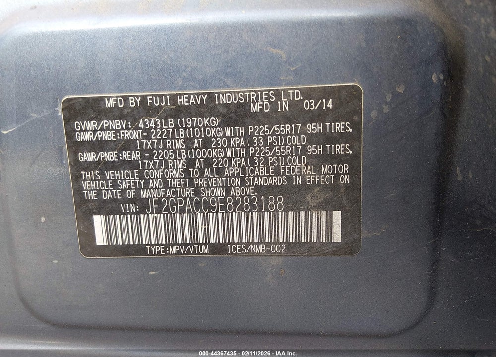 2014 SUBARU XV CROSSTREK 2.0I PREMIUM VIN: JF2GPACC9E8283188
