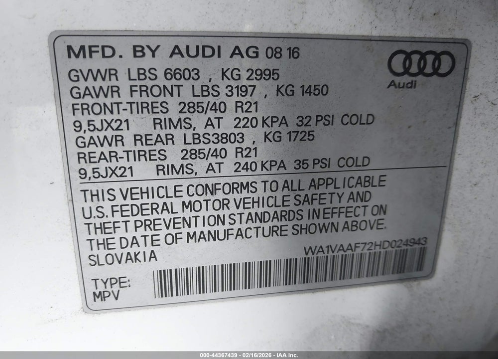 2017 AUDI Q7 3.0T PREMIUM VIN: WA1VAAF72HD024943