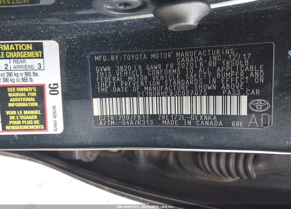 2018 TOYOTA COROLLA LE VIN: 2T1BURHE9JC027075