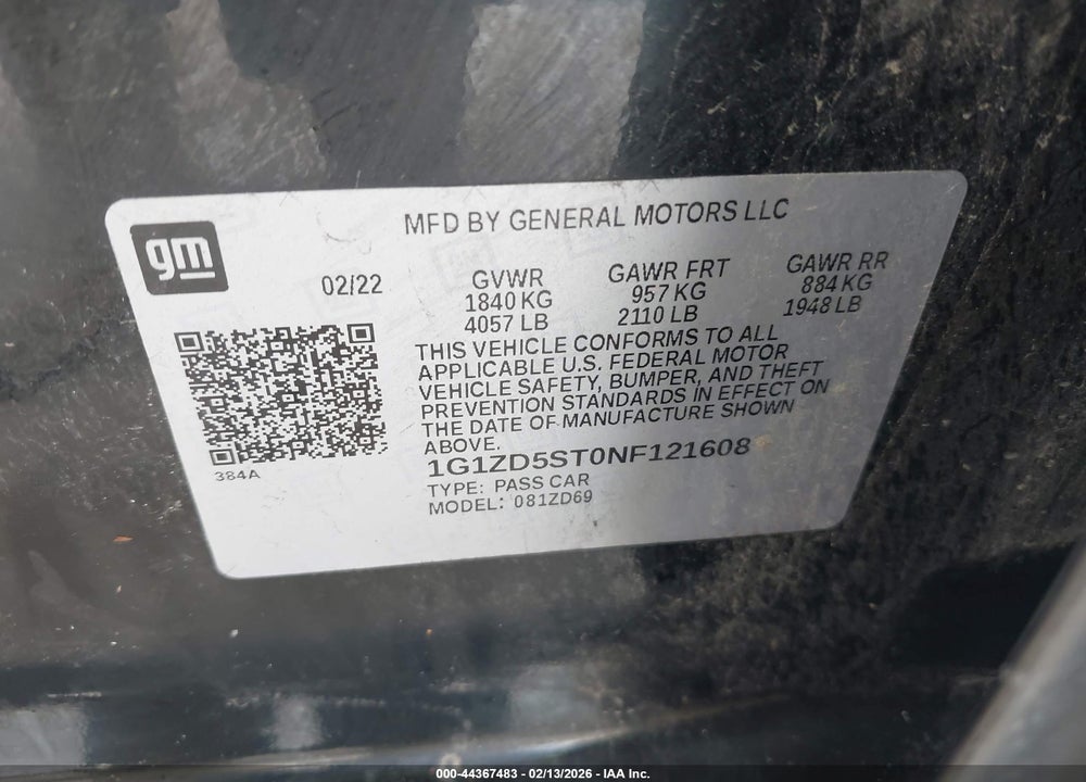 2022 CHEVROLET MALIBU FWD LT VIN: 1G1ZD5ST0NF121608