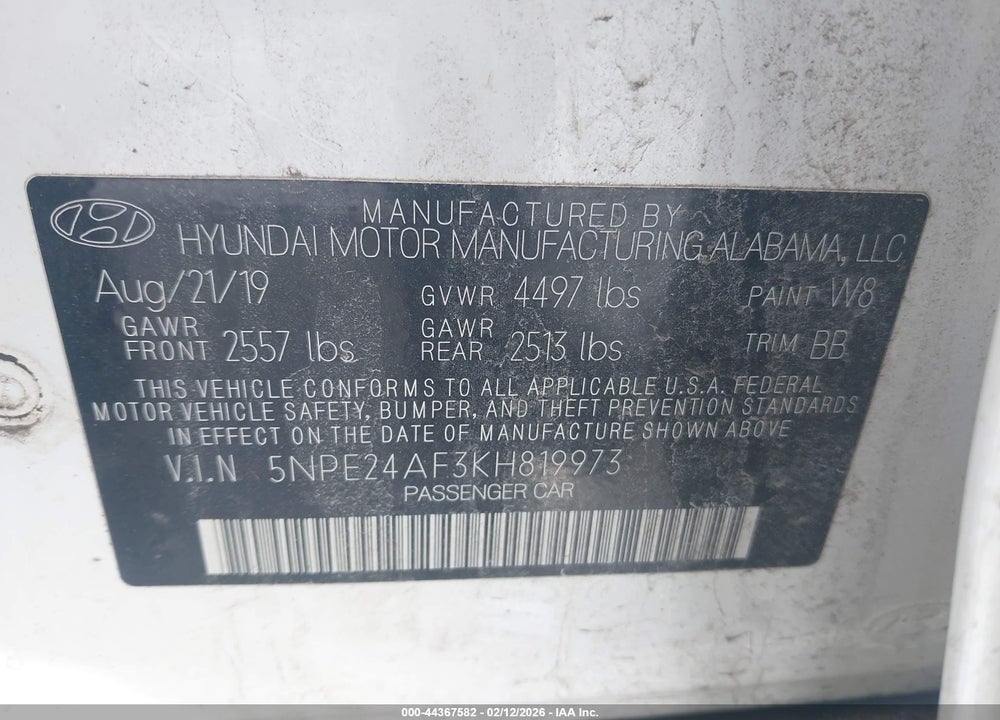 2019 HYUNDAI SONATA SE VIN: 5NPE24AF3KH819973