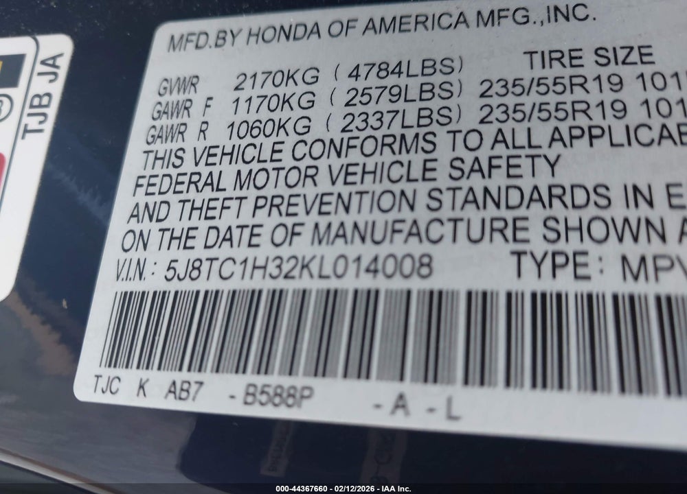 2019 ACURA RDX VIN: 5J8TC1H32KL014008