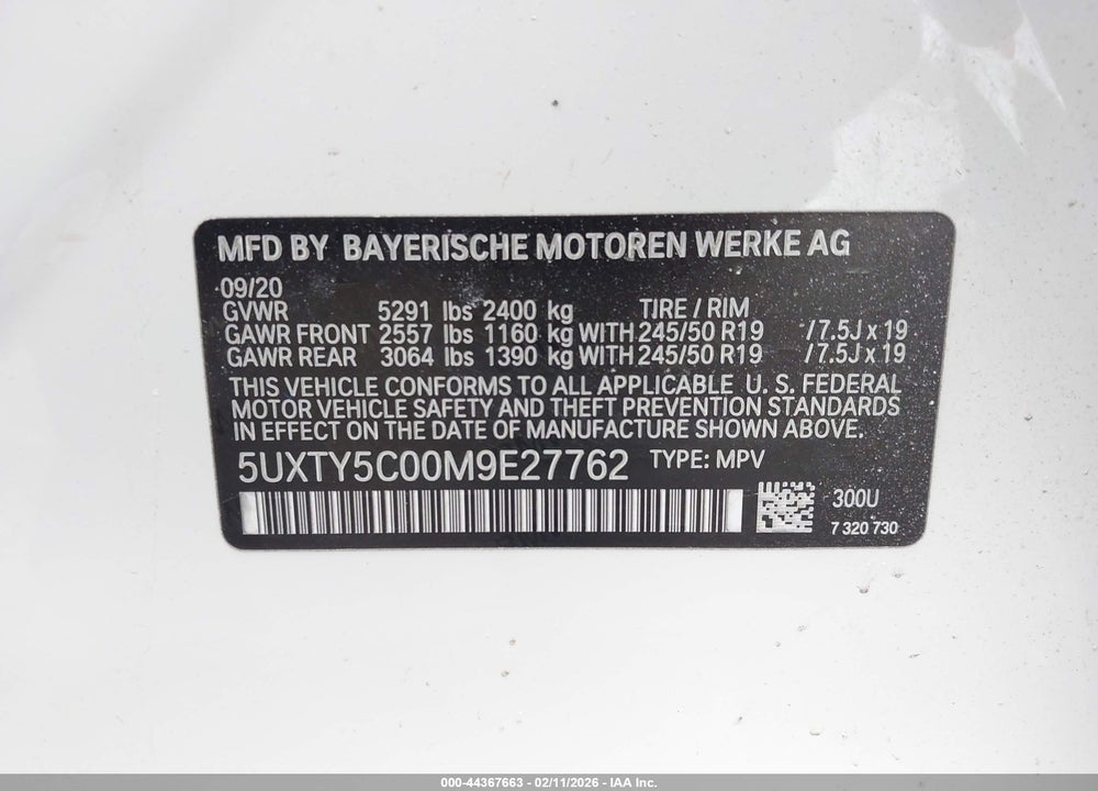 2021 BMW X3 XDRIVE30I VIN: 5UXTY5C00M9E27762