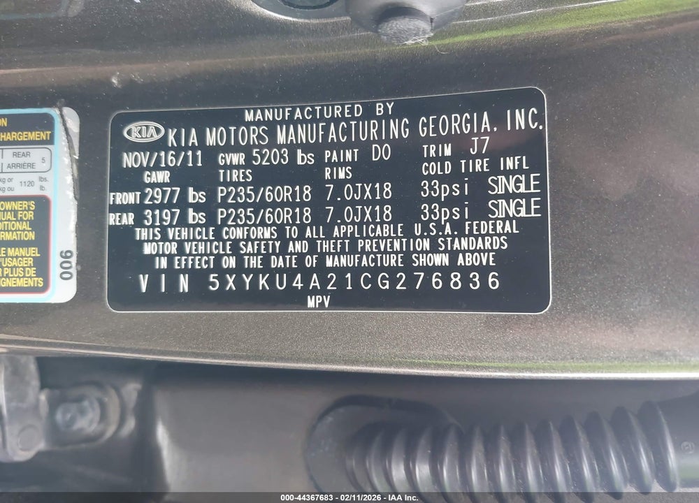 2012 KIA SORENTO EX V6 VIN: 5XYKU4A21CG276836