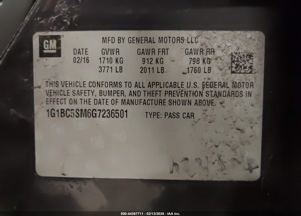 2016 CHEVROLET CRUZE LS AUTO VIN: 1G1BC5SM6G7236501