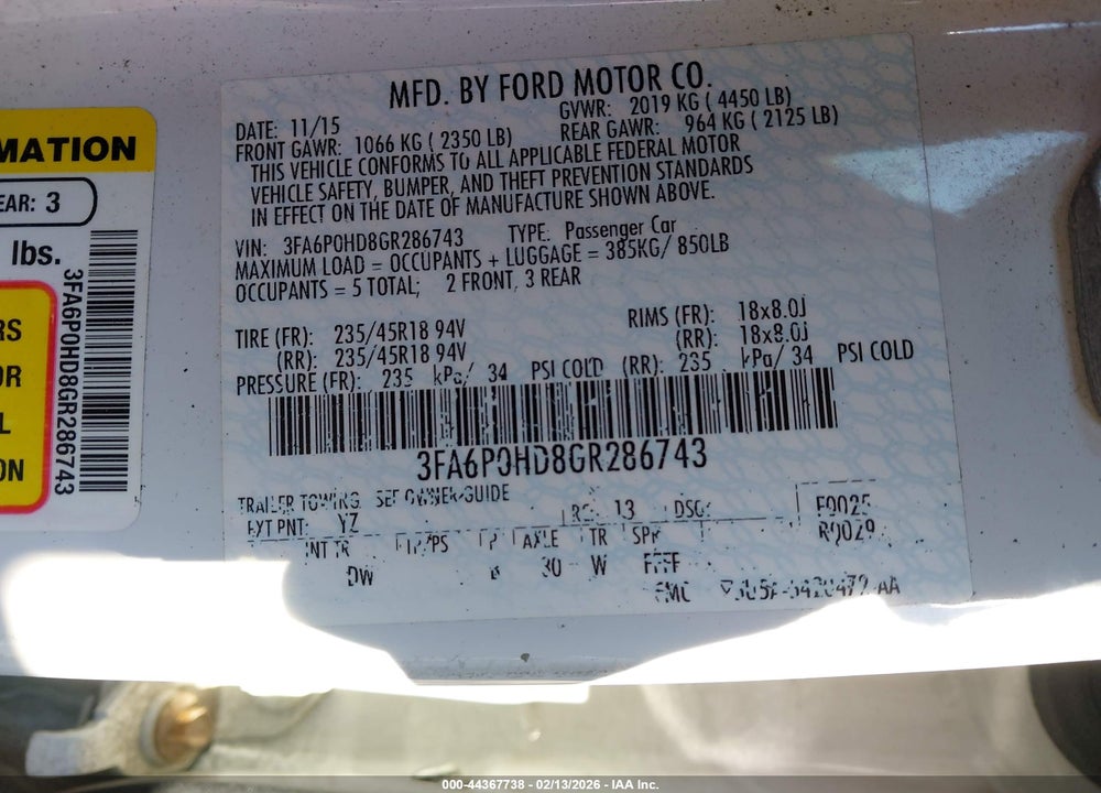2016 FORD FUSION SE VIN: 3FA6P0HD8GR286743