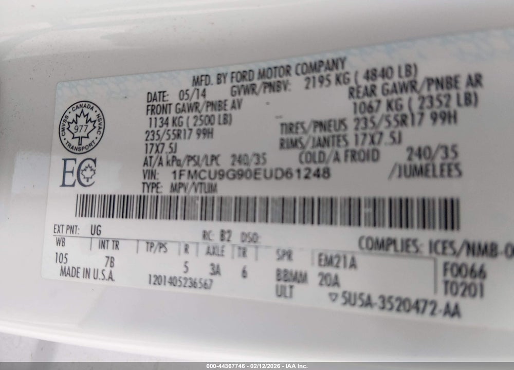 2014 FORD ESCAPE SE VIN: 1FMCU9G90EUD61248