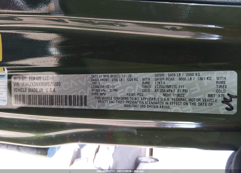 2021 JEEP WRANGLER UNLIMITED WILLYS 4X4 VIN: 1C4HJXDNXMW577880