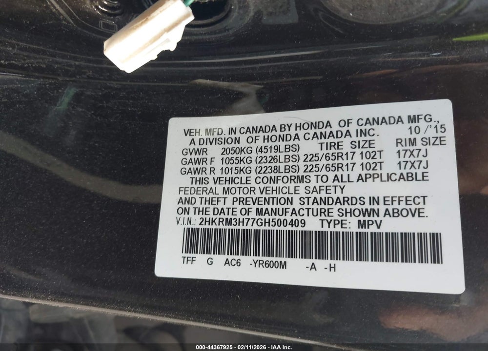 2016 HONDA CR-V EX-L VIN: 2HKRM3H77GH500409