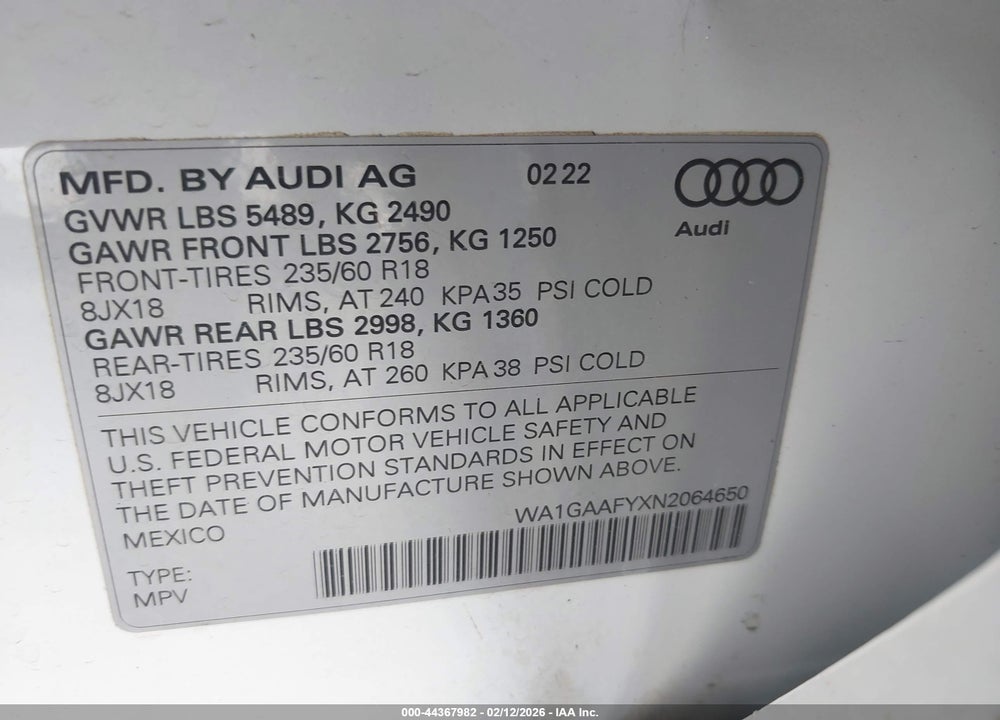 2022 AUDI Q5 PREMIUM 45 TFSI S LINE QUATTRO S TRONIC VIN: WA1GAAFYXN2064650