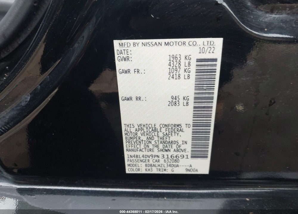2023 NISSAN ALTIMA SV FWD VIN: 1N4BL4DV9PN316691