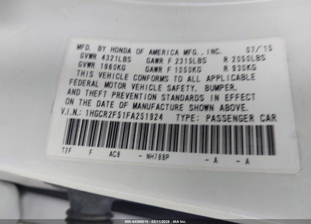 2015 HONDA ACCORD SPORT VIN: 1HGCR2F51FA251924