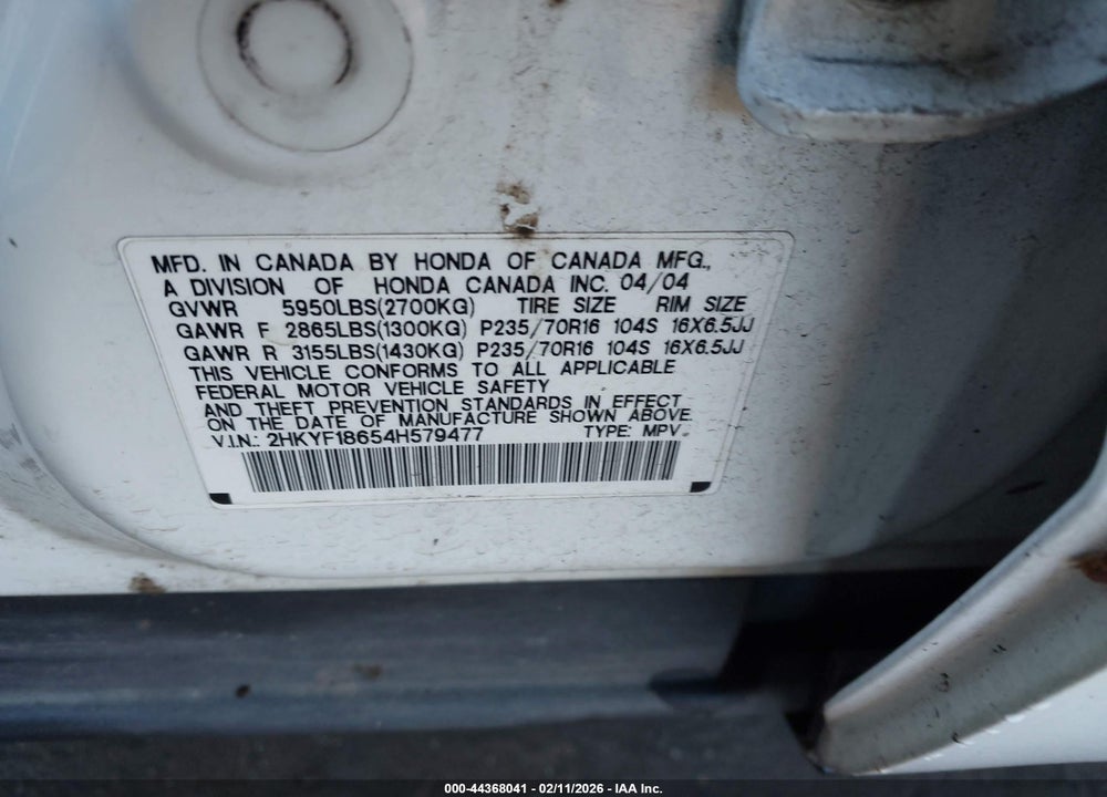 2004 HONDA PILOT EX-L VIN: 2HKYF18654H579477