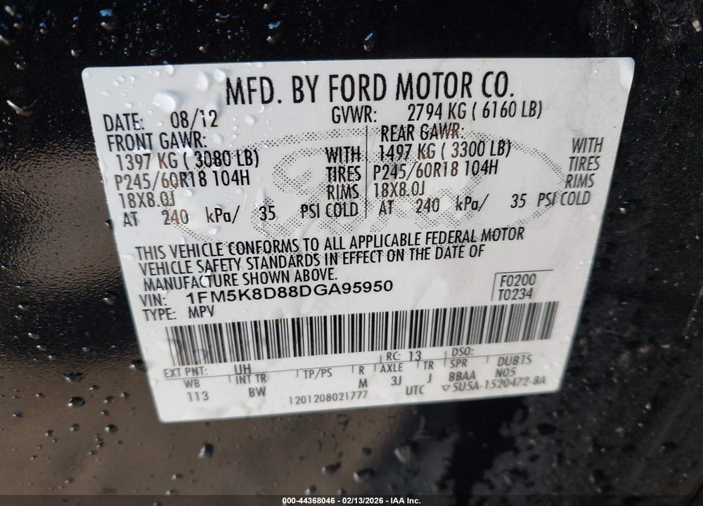 2013 FORD EXPLORER XLT VIN: 1FM5K8D88DGA95950