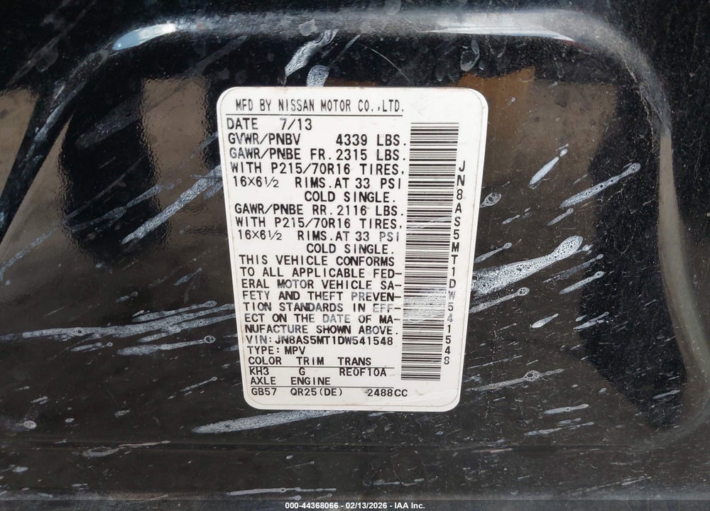 2013 NISSAN ROGUE S VIN: JN8AS5MT1DW541548